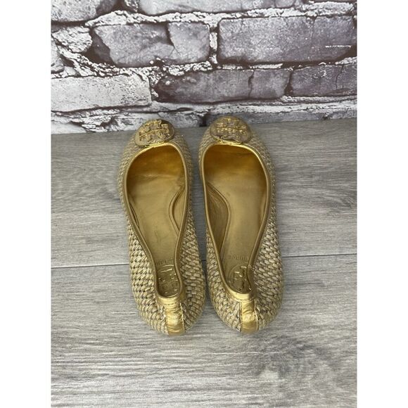 Tory Burch Straw Reva Gold Leather Logo Ballet Flats Women’s Sz 7.5M US/38EU - Picture 5 of 16